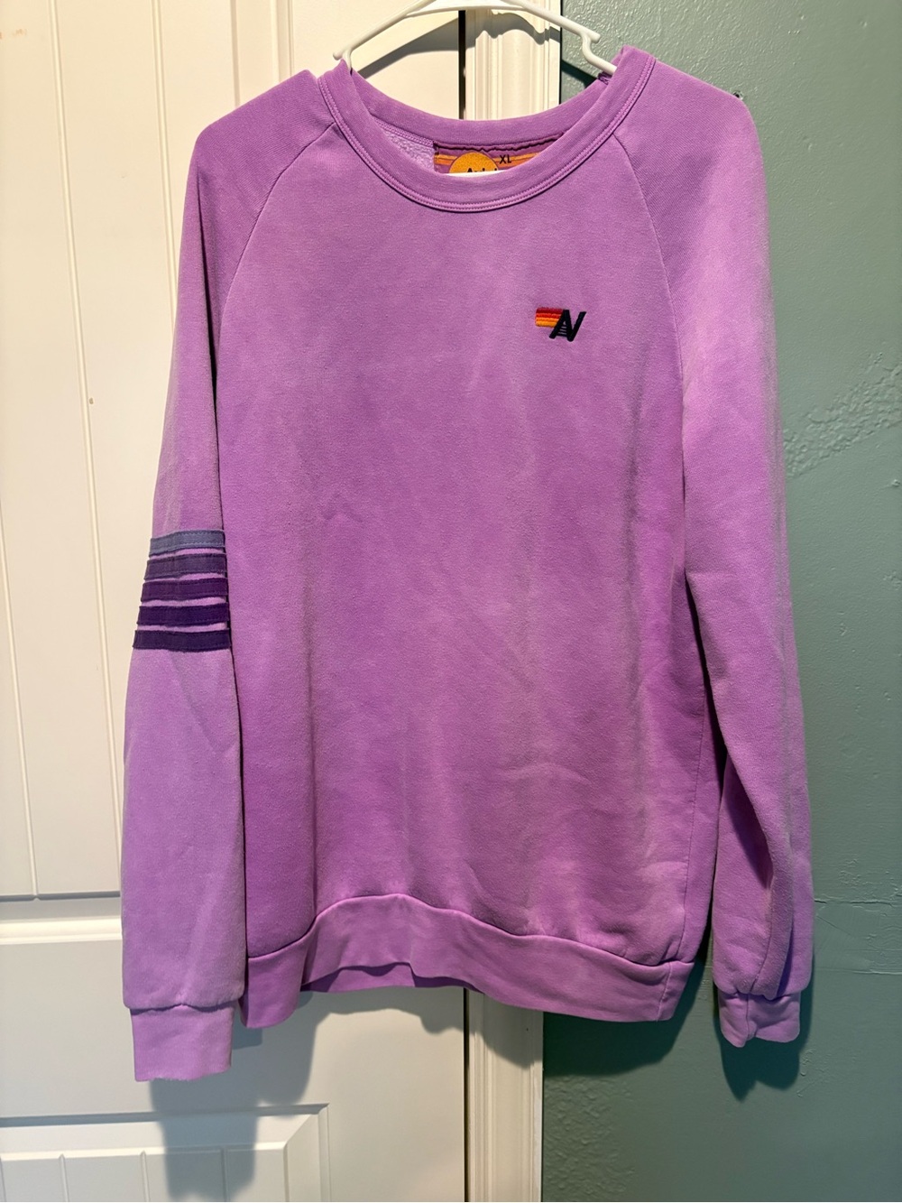 Aviator Nation Lavender Crewneck with Striped Sleeve Detail